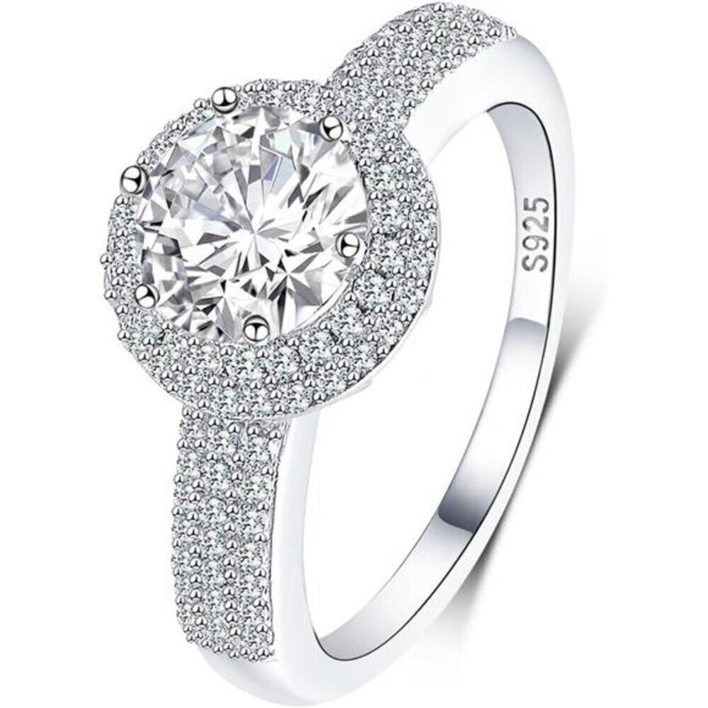 18K White Gold Plated Sterling Silver Round Halo Cubic Zirconia Eternity Ring